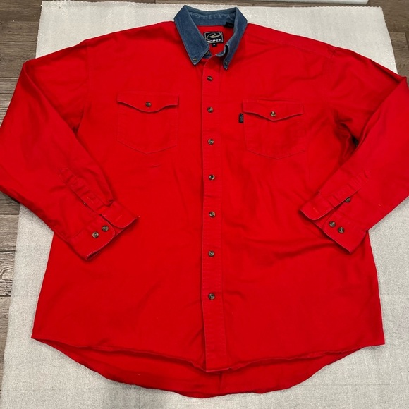[XL]Vintage Roper Mens Red 100% Cotton L/S Solid Long Tail Western Shirt - Picture 2 of 9